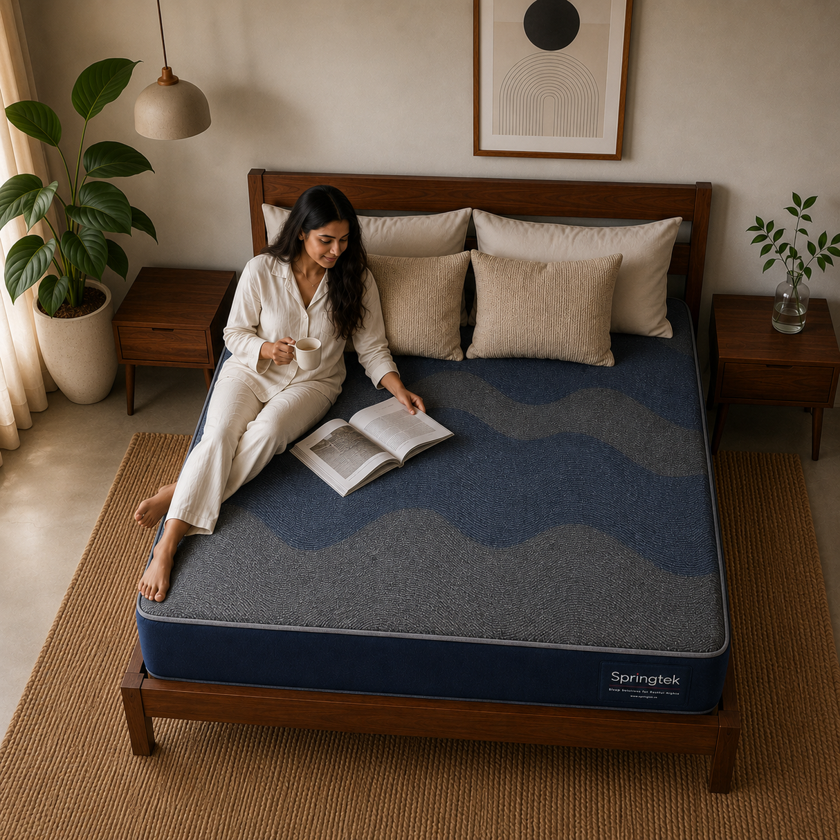 A woman in a white pajama set sits on a Dual Comfort Reversible Mattress on a wooden bed frame in a cozy, neutral-toned bedroom. The mattress features a textured blue and gray wavy pattern, styled with neutral beige pillows and bedside tables.