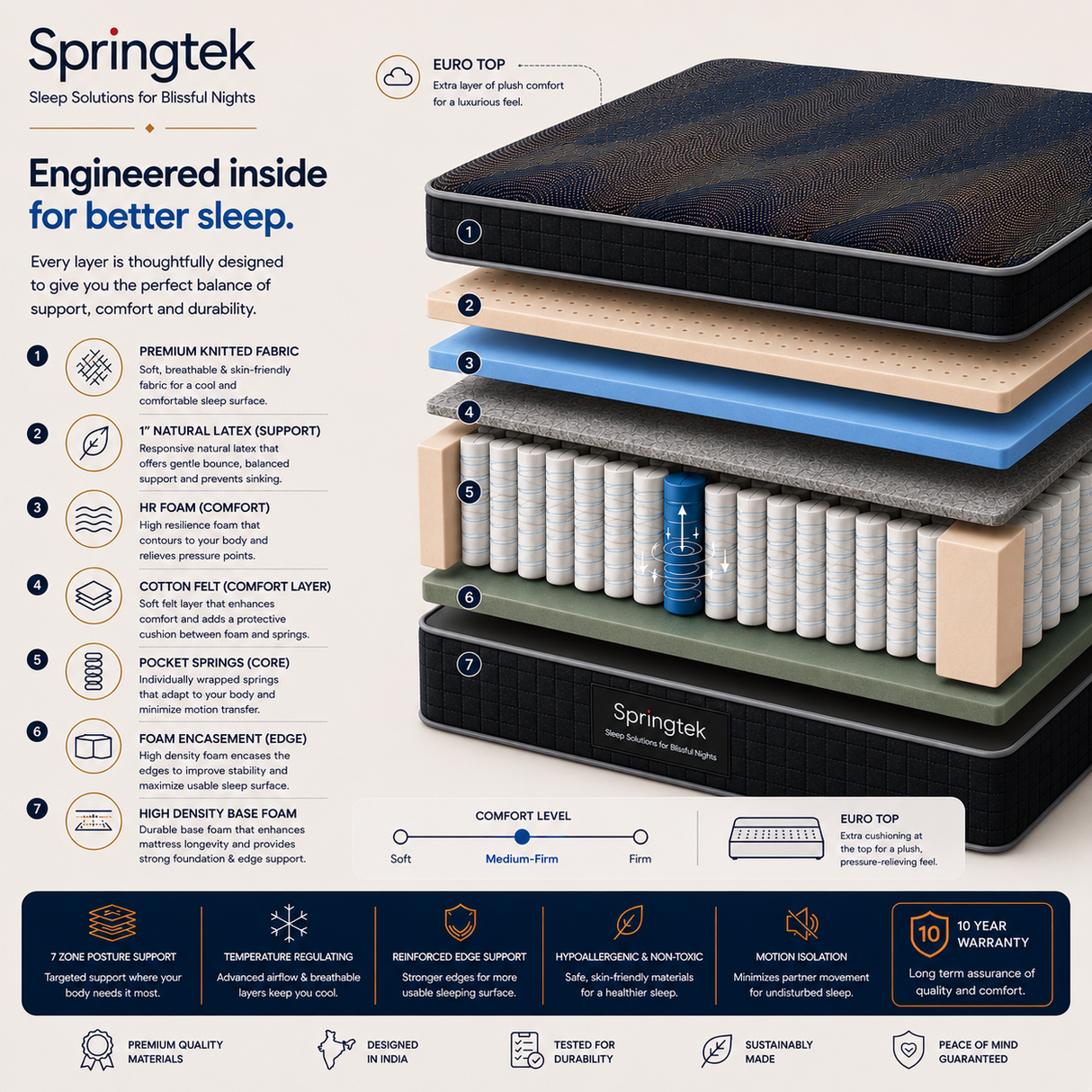 A product infographic for the Springtek Euro Top Hybrid Latex Pocket Spring Mattress, showing a cross-section of the mattress with labeled layers and features, alongside text detailing its comfort levels, support layers, and warranty on a white background.
