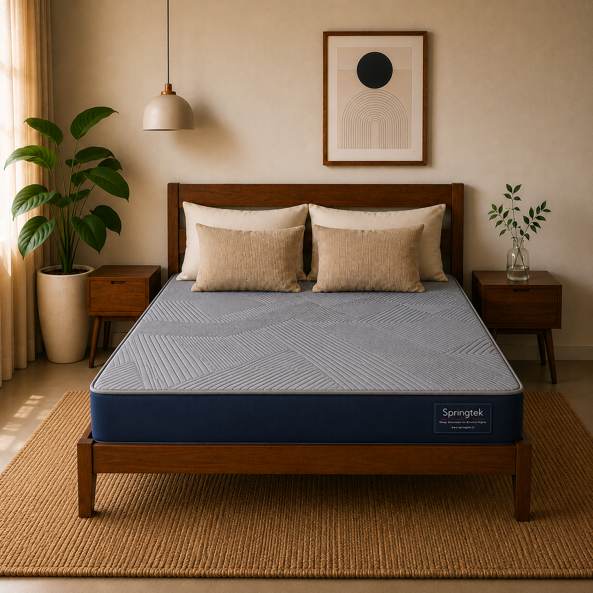 A bed with a blue and gray patterned Springtek Ortho Pocket Memory Foam Spring Mattress on a wooden bed frame, styled in a warm, minimalist bedroom with beige walls, a hanging lamp, and a potted plant.