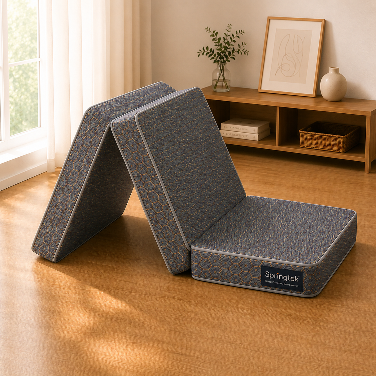 Two gray Tri Folding Mattress folded to show their spring coil structure, set on a wooden floor in a bright, modern bedroom.