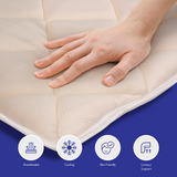 Hand touching a 2″ Memory Foam Gel Mattress Topper with icons indicating features like breathability, cooling, skin friendliness, and contour support.