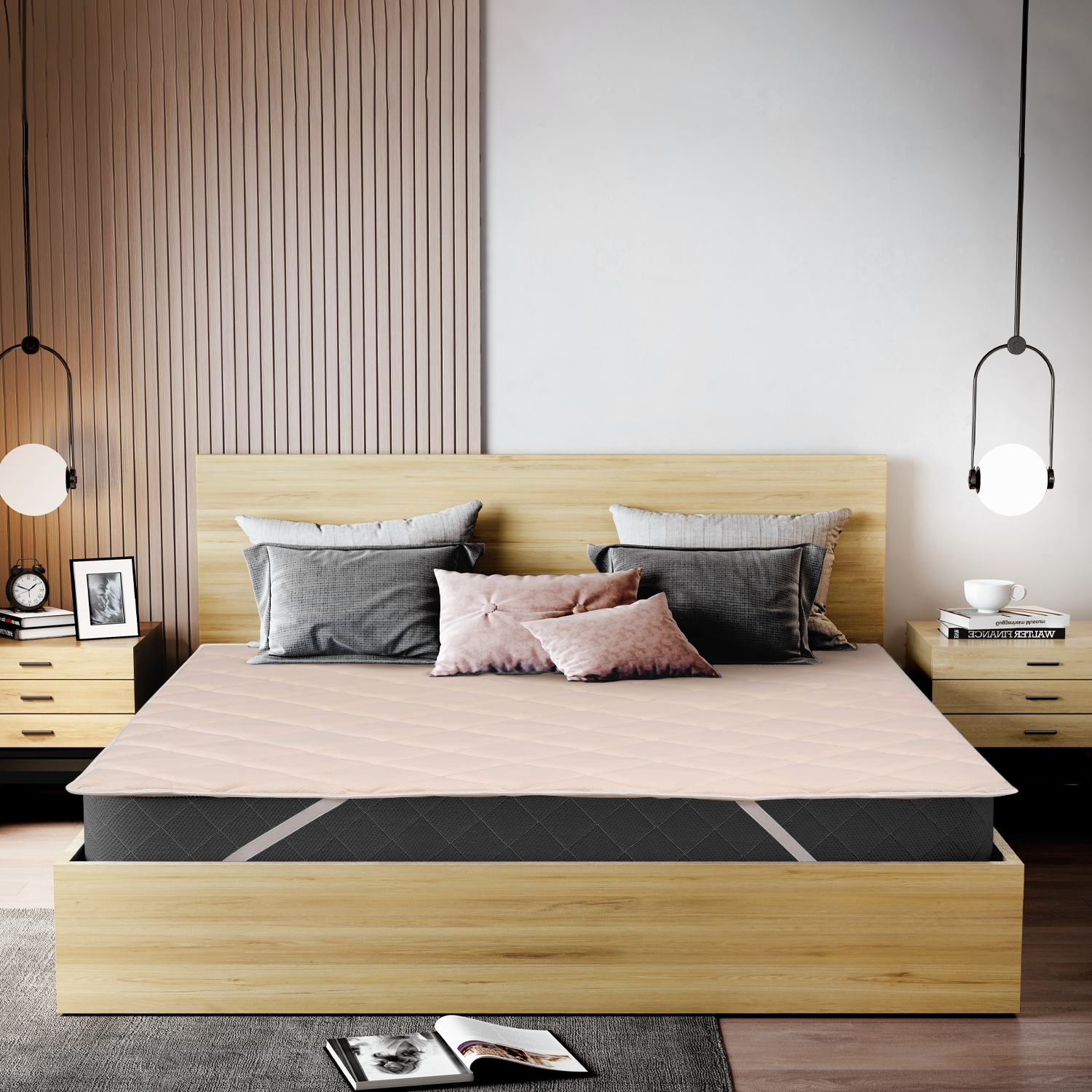 2″ Memory Foam Gel Mattress Topper premium memory foam gel topper on mattress with Wooden bed with pillows in a bedroom setting