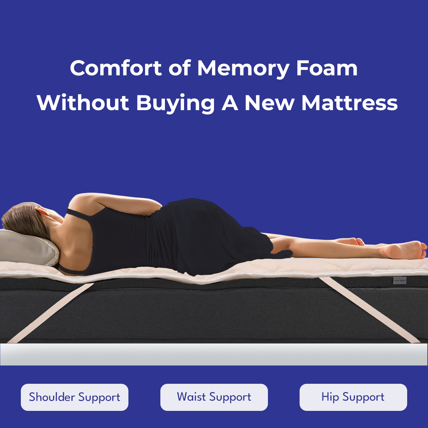 Person lying on a 2″ Memory Foam Gel Mattress Topper with text about memory foam support