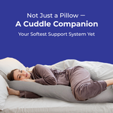 Person lying on a large pillow with text 'Not Just a Pillow - A Cuddle Companion' - Cuddle Pregnancy Support Pillow on a blue background
