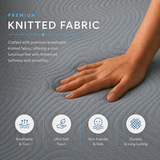 A close-up of a hand resting on textured gray knitted fabric, with promotional text reading 'PREMIUM KNITTED FABRIC' and four feature icons below for breathability, soft touch, skin friendliness, and durability of Dreamer Orthopedic Memory Foam Mattress