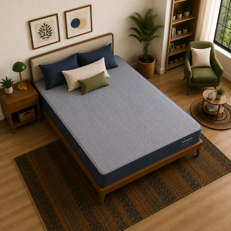 A top-down view of a bed with a textured light gray Dreamer Orthopedic Memory Foam Mattress cover and dark blue bedding, styled in a warm, modern bedroom with wooden floors, a green armchair, and plants.