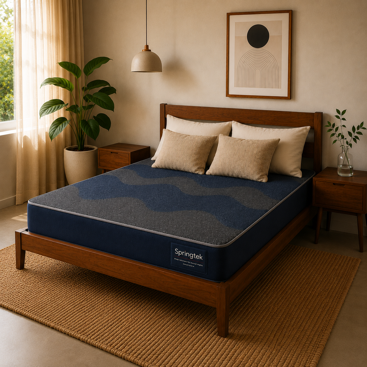 A Dual Comfort Reversible Mattress on a wooden bed frame in a styled bedroom setting with beige walls, a hanging lamp, a potted plant, and a woven rug.
