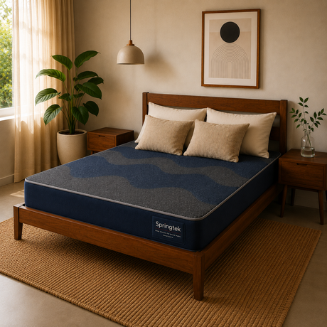 A Dual Comfort Reversible Mattress on a wooden bed frame in a styled bedroom setting with beige walls, a hanging lamp, a potted plant, and a woven rug.