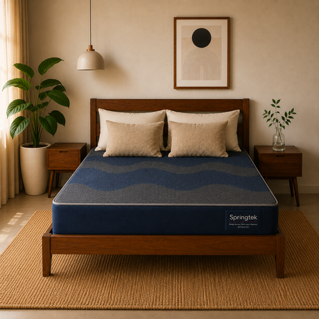 A Springtek Dual Comfort Reversible Mattress on a wooden bed frame in a modern, warm-toned bedroom setting with beige walls, a hanging lamp, side tables, and potted plants.