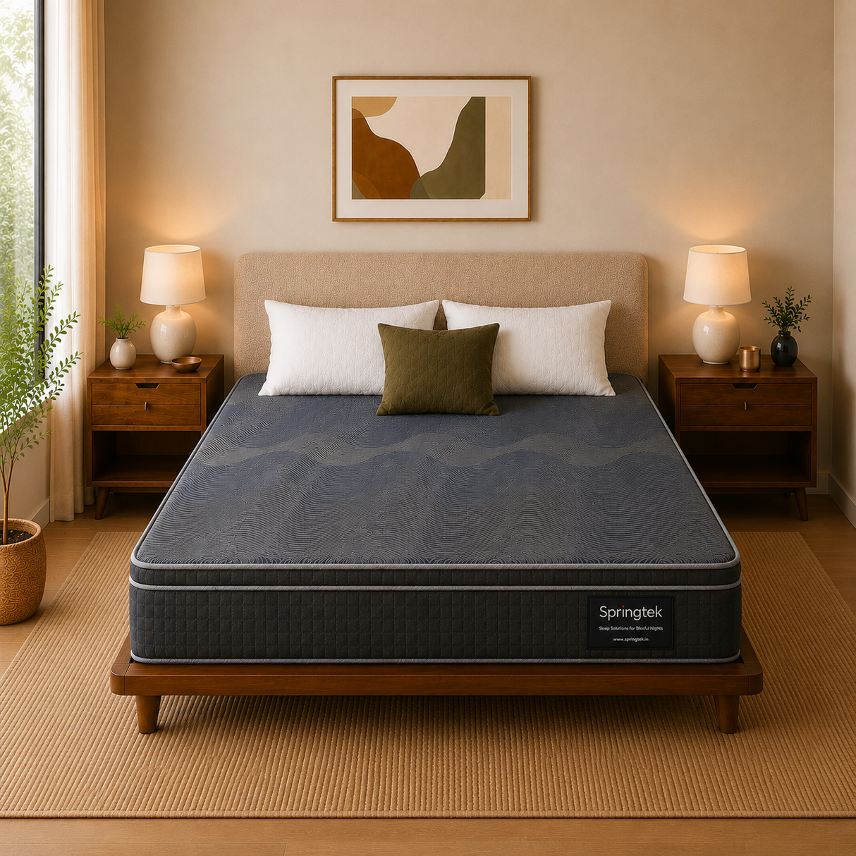 A Springtek Euro Top Hybrid Latex Pocket Spring Mattress on a wooden bed frame in a warm, modern bedroom setting with matching nightstands, lamps, and a neutral beige wall.