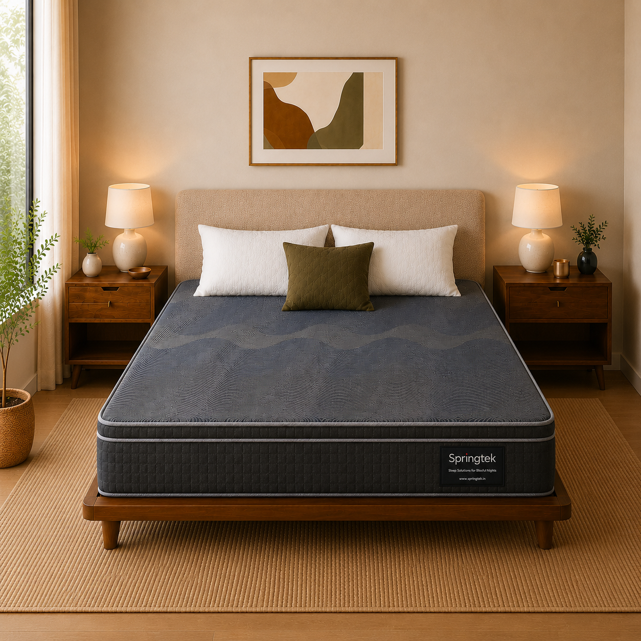 A Springtek Euro Top Hybrid Latex Pocket Spring Mattress on a wooden bed frame in a warm, modern bedroom setting with matching nightstands, lamps, and a neutral beige wall.