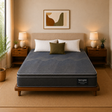 A Springtek Euro Top Hybrid Latex Pocket Spring Mattress on a wooden bed frame in a warm, modern bedroom setting with matching nightstands, lamps, and a neutral beige wall.