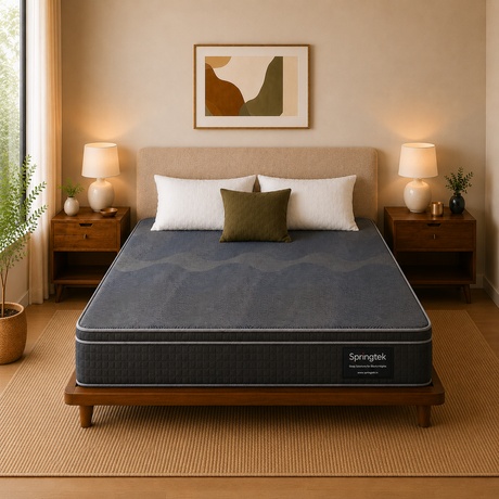 A Springtek Euro Top Hybrid Latex Pocket Spring Mattress on a wooden bed frame in a warm, modern bedroom setting with matching nightstands, lamps, and a neutral beige wall.