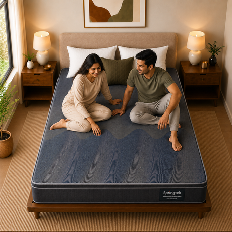 A man and a woman sit on a dark blue Springtek Euro Top Hybrid Latex Pocket Spring Mattress in a cozy, symmetrically styled bedroom with wooden nightstands, lamps, and a beige headboard.