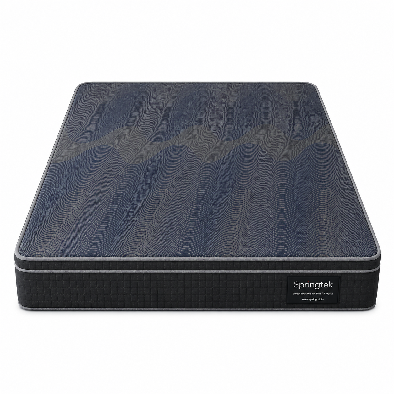 A Springtek Euro Top Hybrid Latex Pocket Spring Mattress shown from a top-down angle on a clean white background. The mattress features a dark navy blue textured top with a wavy pattern and a black side panel with the Springtek brand label.