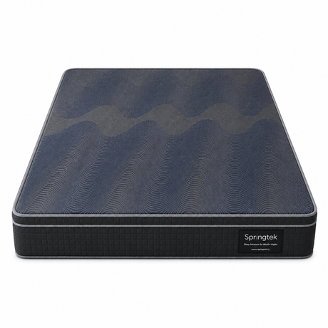 A Springtek Euro Top Hybrid Latex Pocket Spring Mattress shown from a top-down angle on a clean white background. The mattress features a dark navy blue textured top with a wavy pattern and a black side panel with the Springtek brand label.