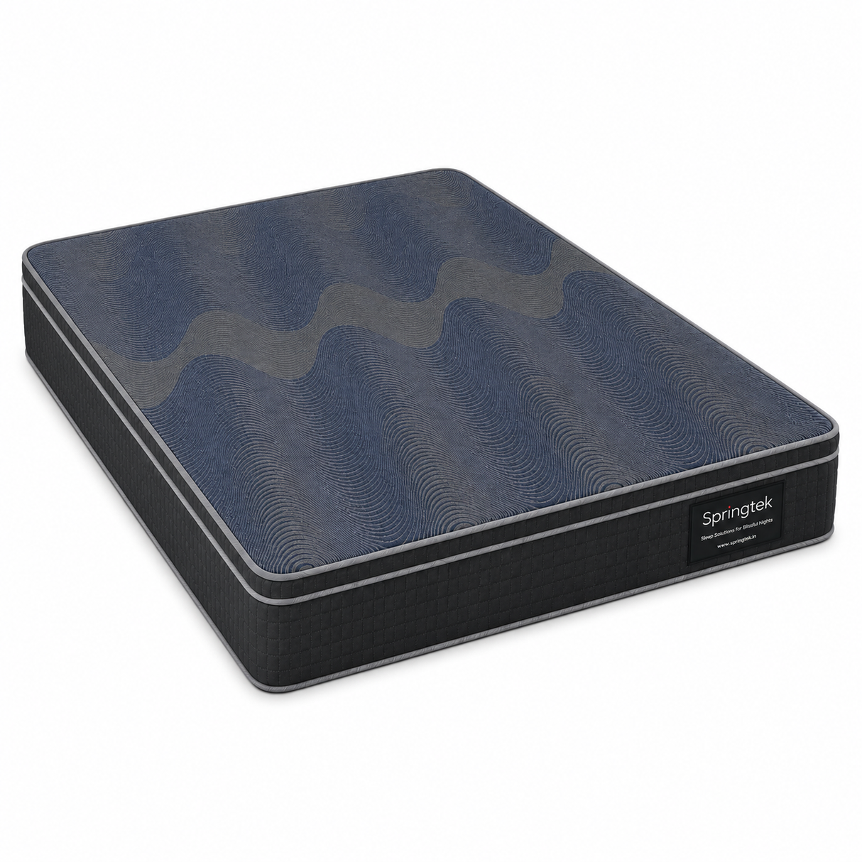 A SpringTek Euro Top Hybrid Latex Pocket Spring Mattress shown at an angle on a plain white background, featuring a dark blue textured top and a black side frame with a visible brand label.