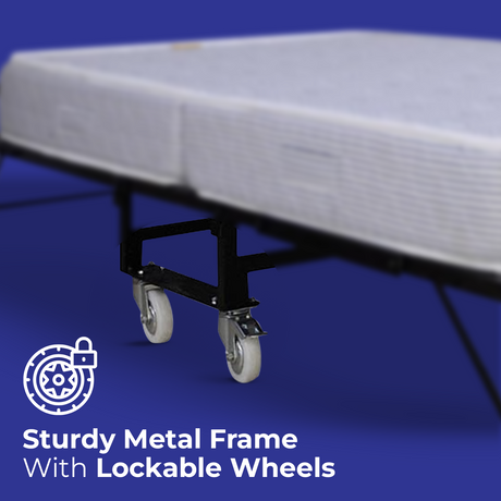 Gray mattress on Folding Rollaway Bed With 6″ Mattress sturdy portable rollaway bed with  metal frame with lockable wheels against a blue background
