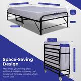 Foldable rollaway bed with dimensions and space-saving design features on a white and blue background.