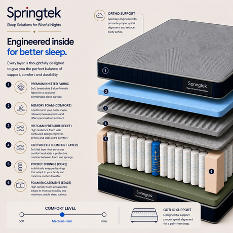 An infographic detailing the Springtek Ortho Pocket Memory Foam Spring Mattress by Springtek, showing a cross-section of the mattress with labeled layers (Orthopedic Support, Memory Foam, HR Foam, Cotton Felts, Pocket Springs, Foam Encasement) and corresponding comfort levels on a white background.