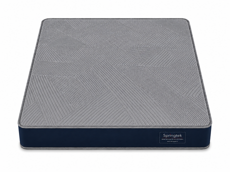 A Springtek Ortho Pocket Memory Foam Spring Mattress shown from a top-down angle on a clean white background. The mattress features a textured gray top surface with a geometric pattern and a dark navy blue side bolster with a white brand label.