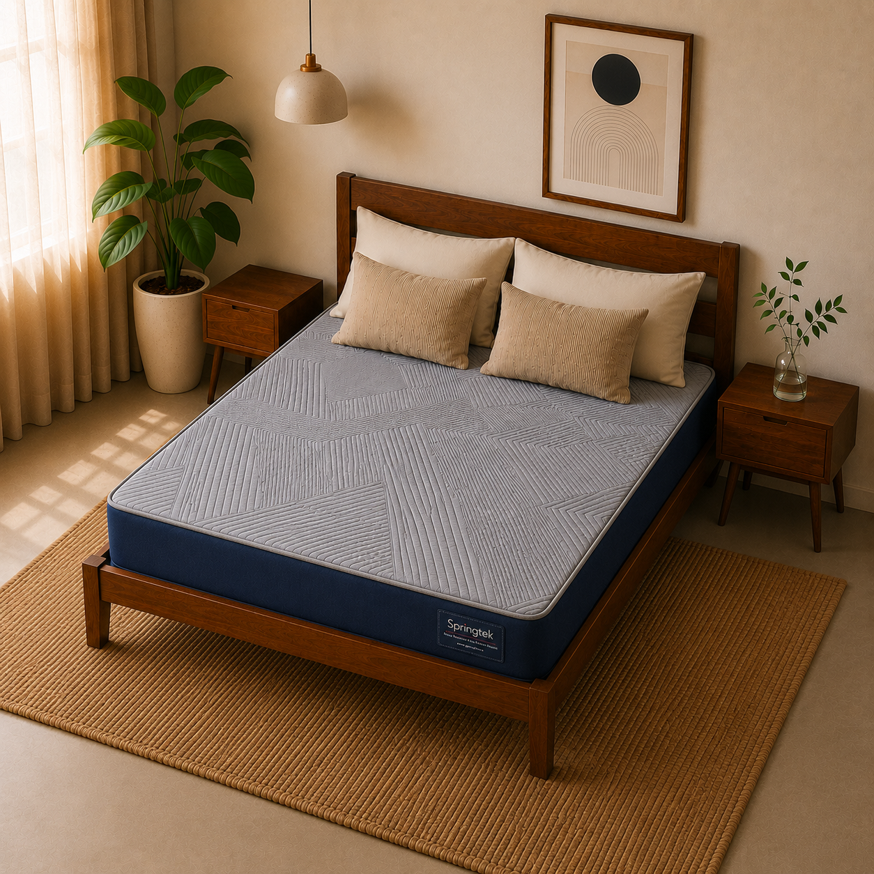 A Springtek Ortho Pocket Memory Foam Spring Mattress on a wooden bed frame in a warm, modern bedroom setting with beige walls, a potted plant, and a woven rug.