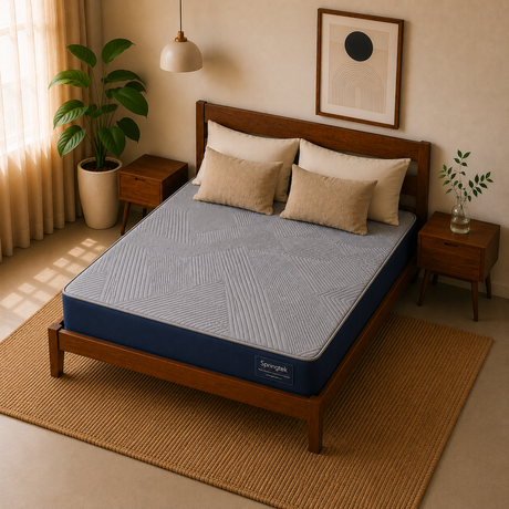 A Springtek Ortho Pocket Memory Foam Spring Mattress on a wooden bed frame in a warm, modern bedroom setting with beige walls, a potted plant, and a woven rug.
