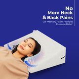 Woman lying on a Springtek Wedge Pillow on bed for elevated comfort support with text about neck and back pain relief on a blue background