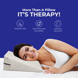 Woman lying on Springtek Wedge Pillow breathable foam texture close up with text highlighting its benefits against odor, snoring, and neck pain.