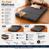 A promotional infographic for a Springfield Tri-Fold Mattress, showing the mattress folded and unfolded in a bedroom setting, with text detailing its features, sizes, construction, and warranty.