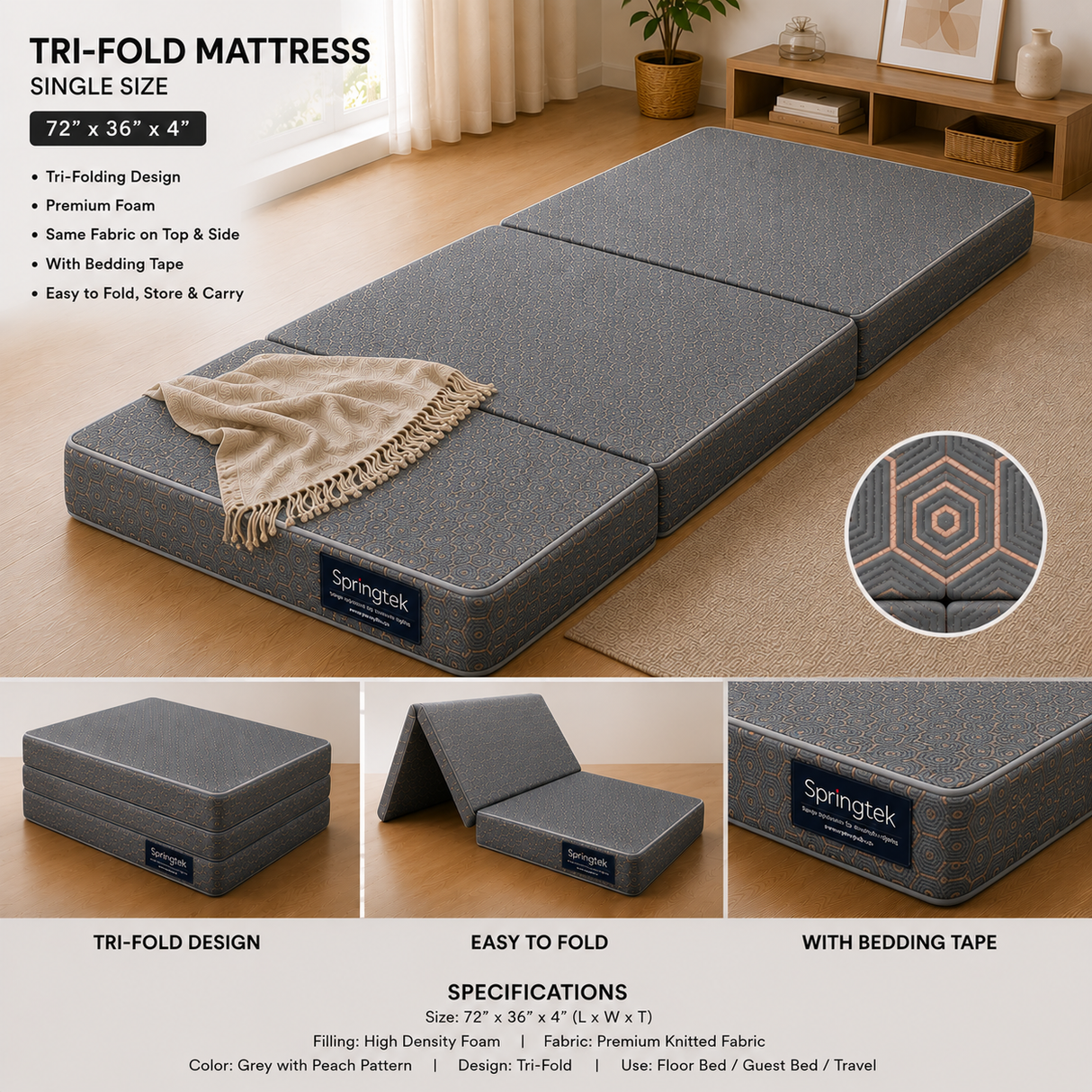 A gray Springtek tri-fold mattress shown folded into three sections on a wooden floor in a styled bedroom setting, with text callouts describing the single size 72" x 36" x 4" mattress, features, and specifications.
