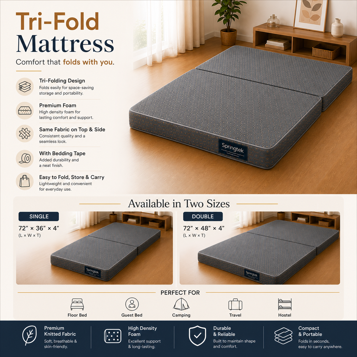 A promotional infographic for a Springfield Tri-Fold Mattress, showing the mattress in a bedroom setting, with text detailing its features, available sizes (Single and Double), and a summary of benefits at the bottom.