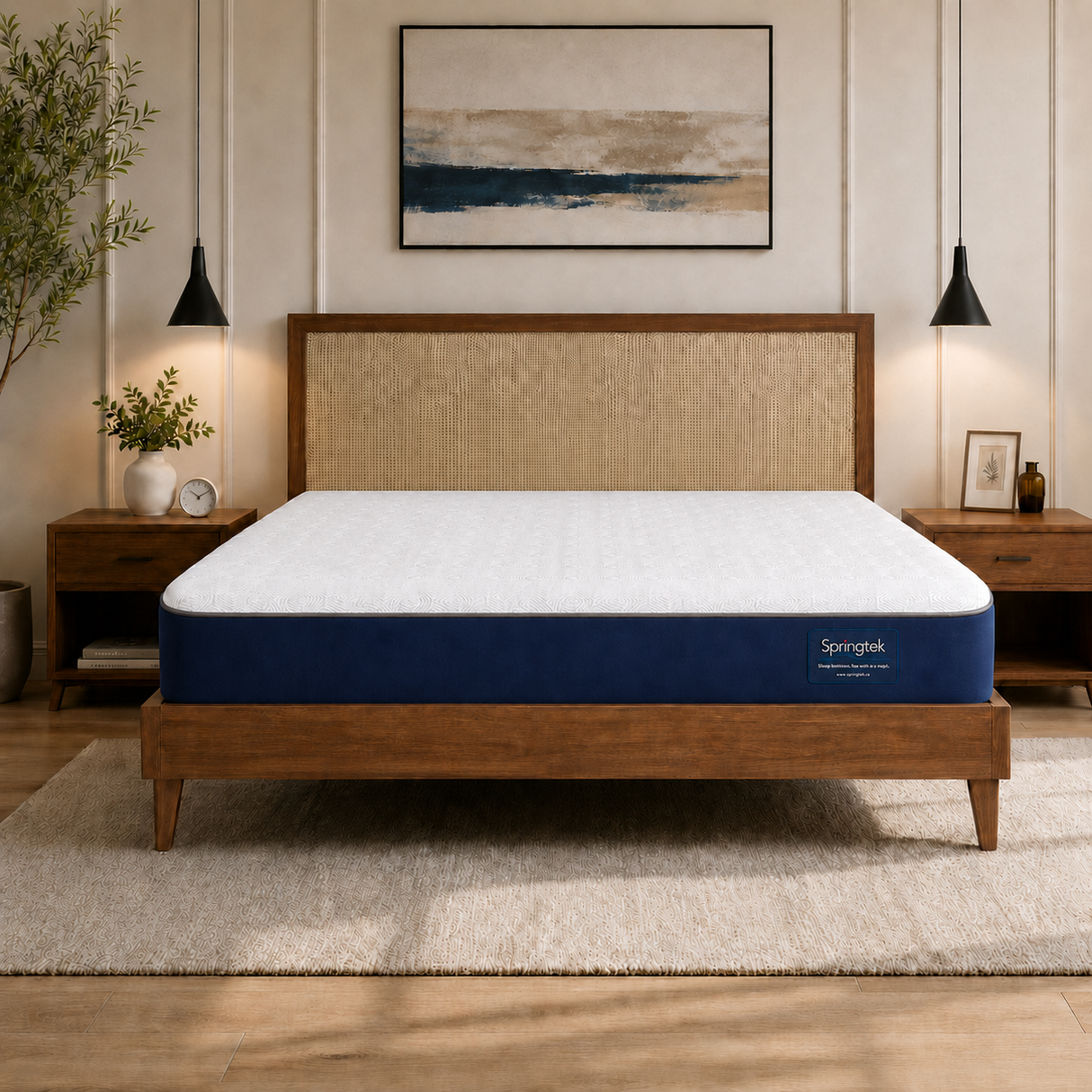 A Wavemax Spine Support Orthopedic Mattress on a wooden bed frame in a styled bedroom setting with bedside tables, lamps, and wall art.