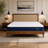 A Wavemax Spine Support Orthopedic Mattress on a wooden bed frame in a styled bedroom setting with bedside tables, lamps, and wall art.
