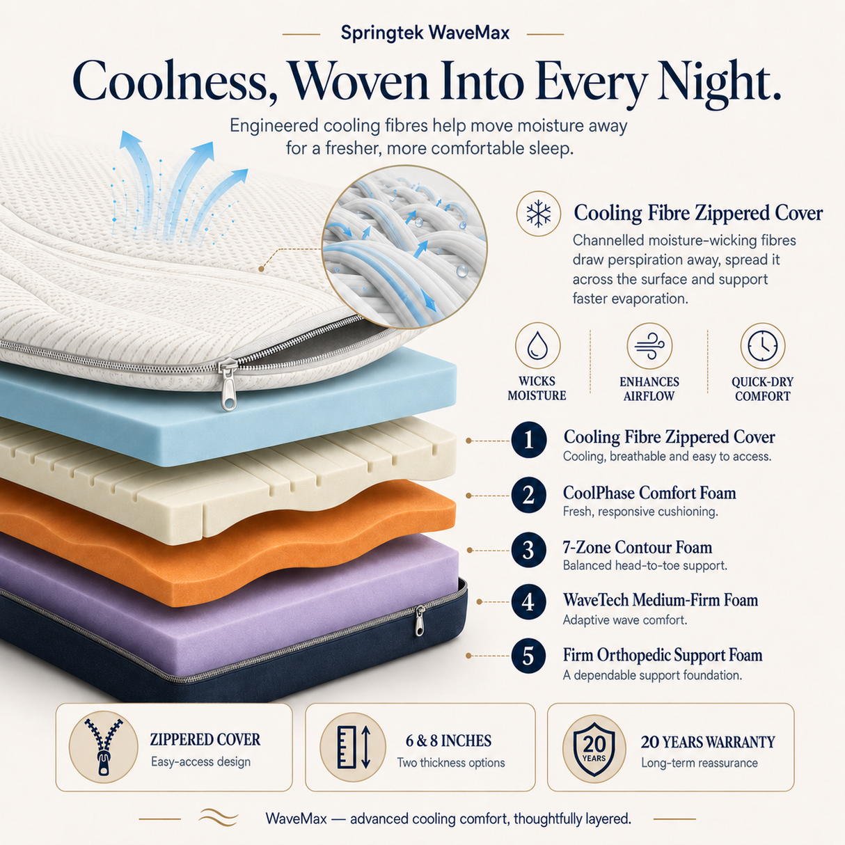 An infographic detailing the layers and features of a Springtek WaveMax mattress cooling cover, showing a cross-section of the mattress with a highlighted cooling fibre zippered cover and text callouts explaining the benefits of each layer.