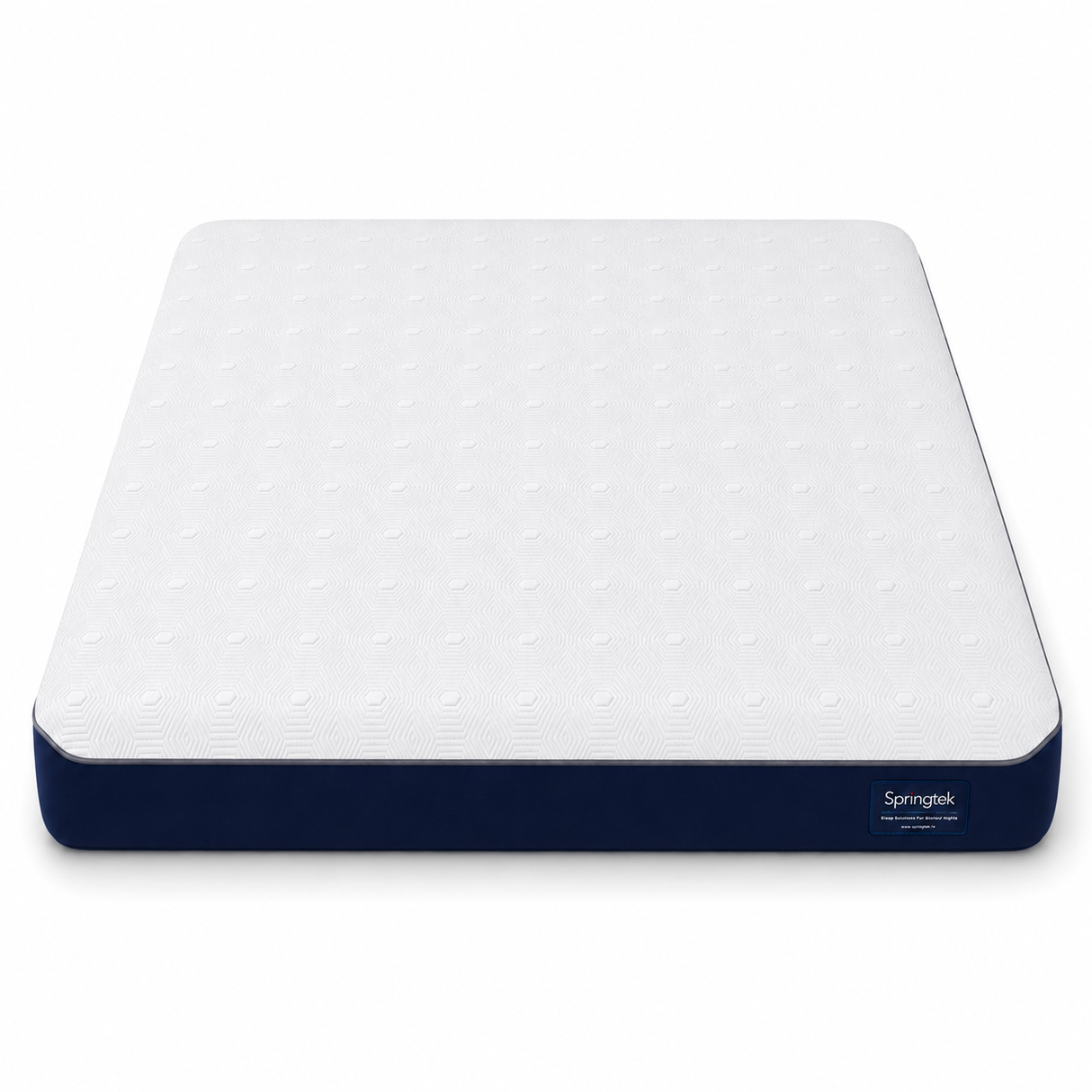 A Wavemax Spine Support Orthopedic Mattress shown from a high angle on a clean white background. The mattress features a white quilted top surface with a subtle dotted pattern and a dark navy blue side border with the 'Springfree' brand label visible in the bottom right corner.
