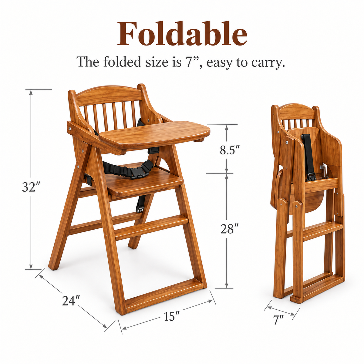 Springtek Joy Solid Wood High Chair for Baby Toddler, Foldable Wooden Highchair